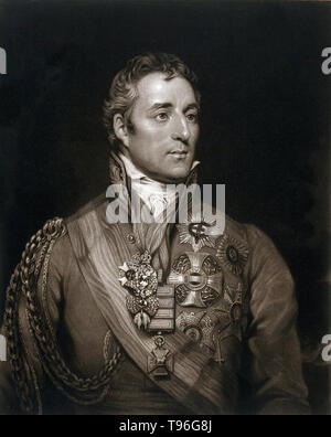 Arthur Wellesley, 1. Herzog von Wellington (1. Mai 1769 - 14. September 1852), war ein anglo-irischen Soldat und Staatsmann. Wellesley stieg zum Vorsprung als allgemeine während der Halbinsel Kampagne der Napoleonischen Kriege, und wurde in den Rang eines Feldmarschalls, nachdem die alliierten Truppen zum Sieg gegen das Französische Imperium in der Schlacht von Vitoria im Jahr 1813 gefördert. Nach Napoleons Verbannung 1814, diente er als Botschafter in Frankreich und war ein Herzogtum gewährt. Stockfoto