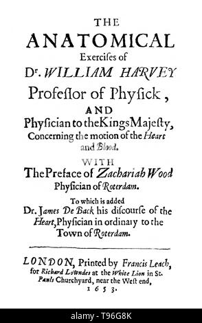 William Harvey (April 11, 1578 - Juni 3, 1657) war ein englischer Arzt. Harvey war die erste Person, die genau bestimmen zu können, wie das Herz das Blut im gesamten Körper von Mensch und Tier verbreitet und war auch der Erste, der die Theorie, dass Menschen und andere Säugetiere reproduziert, wenn ein Ei von Spermien befruchtet zu vermuten. Sein Werk "De motu cordis', 1628 veröffentlicht, ist und bleibt ein Meilenstein in der Wissenschaft. Er starb 1657 im Alter von 79 Jahren. Stockfoto