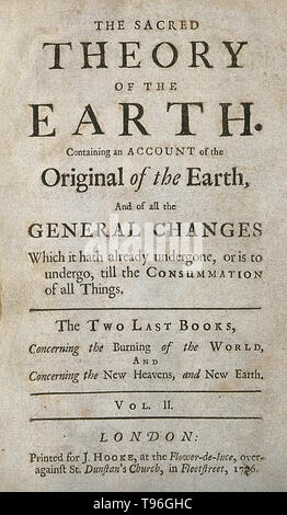 Thomas Burnett (1635 - 27. September 1715) war ein englischer Theologe und Schriftsteller auf kosmogonie. Sein bekanntestes Werk ist seine Telluris Theoria Sacra, oder Heiligen Theorie der Erde. Der erste Teil wurde 1681 in Lateinamerika veröffentlicht, 1684 in englischer Übersetzung; der zweite Teil erschien im Jahr 1689 (1690, in Englisch). Es war eine spekulative Kosmogonie, in denen Burnett eine hohle Erde mit das meiste Wasser nach innen, bis die Sintflut, zu welcher Zeit Berge und Ozeane vorgeschlagen. Stockfoto