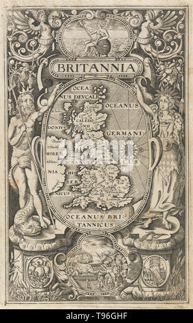 Frontispiz Karte von Britannia aus den frühen gedruckte Buch Großbritannien berechtigt, oder ein chorographical Beschreibung der blühendsten Königreiche, England, Schottland und Irland, und die Länder angrenzenden, aus der Tiefe der Antike verschönert mit Karten für mehrere Shires von England von William Camden geschrieben. William Camden (Mai 2, 1551 - 9 November, 1623) war ein englischer Antiquar, Historikers und topograph. Stockfoto