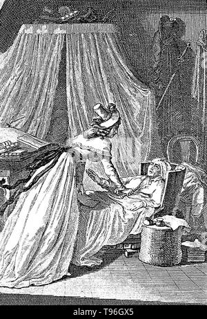 Charlotte Corday ist etwa zu erstechen, Marat in der Badewanne. Charlotte Corday (Juli 27, 1768 - Juli 17, 1793) war eine Figur der Französischen Revolution. Im Jahre 1793 wurde sie durch die Guillotine hingerichtet, die für die Ermordung der Führer Jakobiner Jean-Paul Marat. Sie glaubte, dass Marat Bedrohung der Republik wurde und dass sein Tod würde Gewalt Ende der ganzen Nation. Sie ging zu Marat's Home am Abend des 13. Juli, Kenntnis von einer geplanten Girondist Aufstand in Caen zu haben. Marat aufgenommen. Stockfoto