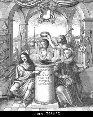 Francis Bacon und William Brouncker flankierende eine Büste von König Charles II auf einem Sockel, durch Zeichen und Symbole des wissenschaftlichen Wissens in eine Dachterrasse Zimmer im Gresham College umgeben. Francis Bacon (Januar 22, 1561 - April 9, 1626) war ein englischer Philosoph, Staatsmann, Wissenschaftler, Anwalt, Jurist, Autor und Pionier der wissenschaftlichen Methode. Er diente sowohl als Attorney General und Lordkanzler von England. Seine politische Karriere endete in Schande in 1621. Stockfoto