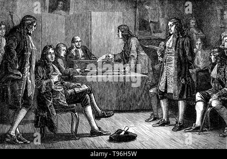 Royal Society, Kran, aus Fleet Street, London: eine Konferenz im Gange, mit Isaac Newton im Stuhl. Isaac Newton (Dezember 25, 1642 - März 20, 1727) war ein englischer Physiker, Mathematiker, Astronom, Philosoph, Alchemist, und Theologe. Seine Monographie "Philosophiae Naturalis Principia Mathematica", im Jahr 1687 veröffentlicht wurde, legt die Grundlagen für die meisten der klassischen Mechanik. In dieser Arbeit, Newton beschrieben Universal Gravitation und die drei Gesetze der Bewegung, die die wissenschaftliche Ansicht des physikalischen Universums für die nächsten drei Jahrhunderte dominiert. Newton baute die erste praktische Stockfoto