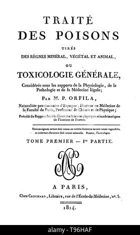 Mathieu Joseph Bonaventure Orfila (April 24, 1787 - März 12, 1853) war ein spanischer - Französische Toxikologe und Chemiker geboren, der Begründer der Wissenschaft der Toxikologie. In der Zeit Orfila des primären Art von Gift Arsen in Gebrauch war, aber es gab keine zuverlässige Methoden für das Testen für seine Anwesenheit. Orfila, neue Techniken und raffinierte vorhandene Techniken erstellt in seiner ersten Abhandlung, Traite des Gifte, deren Genauigkeit zu erhöhen. Er starb 1853 im Alter von 65 Jahren. Durch A. Collette Lithographie, undatiert. Stockfoto