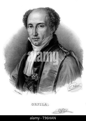 Mathieu Joseph Bonaventure Orfila (April 24, 1787 - März 12, 1853) war ein spanischer - Französische Toxikologe und Chemiker geboren, der Begründer der Wissenschaft der Toxikologie. In der Zeit Orfila des primären Art von Gift Arsen in Gebrauch war, aber es gab keine zuverlässige Methoden für das Testen für seine Anwesenheit. Orfila, neue Techniken und raffinierte vorhandene Techniken erstellt in seiner ersten Abhandlung, Traite des Gifte, deren Genauigkeit zu erhöhen. Er starb 1853 im Alter von 65 Jahren. Von Z. Belliard Lithographie, undatiert. Stockfoto