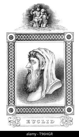 Euklid (Bedeutung, gute Herrlichkeit, 300 v. Chr.) war ein antiker griechischer Mathematiker, die oft als der "Vater der Geometrie''. Es ist wenig über sein Leben bekannt. Das Datum und der Ort des Euklids Geburt und das Datum und die Umstände seines Todes sind unbekannt. Keine Ähnlichkeit oder Beschreibung der physischen Erscheinung Euklids vorgenommen, die während seiner Lebenszeit der Antike überlebte. Daher Euklids Darstellung in Werken der Kunst ist das Produkt der Phantasie des Künstlers. Stockfoto