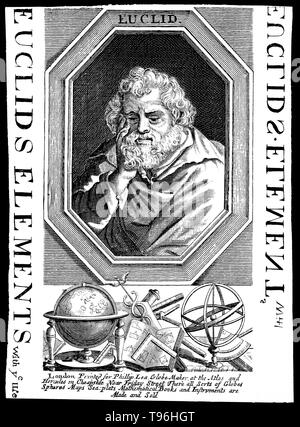 Euklid (Bedeutung, gute Herrlichkeit, 300 v. Chr.) war ein antiker griechischer Mathematiker, die oft als der "Vater der Geometrie''. Es ist wenig über sein Leben bekannt. Das Datum und der Ort des Euklids Geburt und das Datum und die Umstände seines Todes sind unbekannt. Keine Ähnlichkeit oder Beschreibung der physischen Erscheinung Euklids vorgenommen, die während seiner Lebenszeit der Antike überlebte. Daher Euklids Darstellung in Werken der Kunst ist das Produkt der Phantasie des Künstlers. Stockfoto