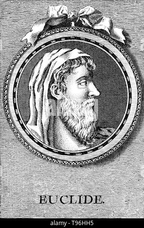 Euklid (Bedeutung, gute Herrlichkeit, 300 v. Chr.) war ein antiker griechischer Mathematiker, die oft als der "Vater der Geometrie''. Es ist wenig über sein Leben bekannt. Das Datum und der Ort des Euklids Geburt und das Datum und die Umstände seines Todes sind unbekannt. Keine Ähnlichkeit oder Beschreibung der physischen Erscheinung Euklids vorgenommen, die während seiner Lebenszeit der Antike überlebte. Daher Euklids Darstellung in Werken der Kunst ist das Produkt der Phantasie des Künstlers. Stockfoto