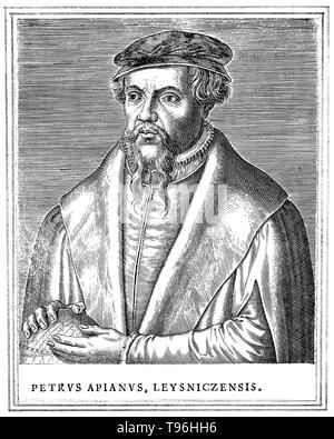 Petrus Apianus (April 16, 1495 - April 21, 1552) war ein deutscher Humanist, der für seine Werke in der Mathematik, Astronomie und Kartographie bekannt. 1524 er seinen Cosmographicus liber produziert, eine angesehene Arbeit über Astronomie und Navigation das war zu sehen mindestens 30 Nachdrucke in 14 Sprachen. Im Jahre 1527 veröffentlichte er eine Variation des Pascal'schen Dreieck, und im Jahre 1534 eine Tabelle von Sines. Im Jahre 1531 beobachtete er ein Komet und entdeckte, dass Schwanz eines Kometen immer wieder von der Sonne entfernt. Stockfoto