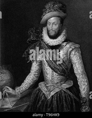 Walter Raleigh (1554 - Oktober 29,1618) war ein englischer Aristokrat, Schriftsteller, Dichter, Soldat, Höfling, Spion und Explorer. Er ist vor allem für die Popularisierung des Tabaks in England erinnert. Sein Plan 1584 für die Ansiedlung in Nordamerika endete im Versagen auf Roanoke Island, aber den Weg für die spätere Kolonien. Stockfoto