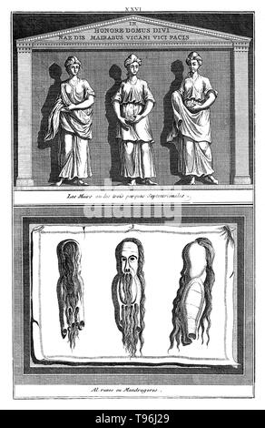 Les mairs ou les trois Parques septentrionales. Al Runen ou mandragores. Die drei Schicksale und einige mandrake Charme. n der griechischen Mythologie, die moirai waren die Inkarnationen des Schicksals. Ihre Zahl wurde festgesetzt auf drei: KLOTHO (Spinner), Lachesis (allotter) und Atropos (unturnable). Sie kontrollierten die metaphorische Faden des Lebens eines jeden Menschen von der Geburt bis zum Tod. Stockfoto