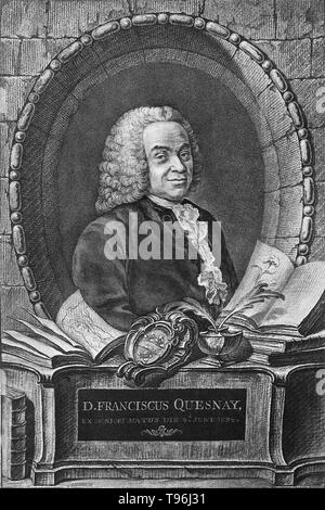 Francois Quesnay (4. Juni 1694 - 16. Dezember 1774) war ein französischer Ökonom und Arzt. Er studierte Medizin in Paris, und wurde Arzt zu König Ludwig XV. von Frankreich. Von den späten 1740er-Jahren begann er mehr Zeit für das Studium der Wirtschaftswissenschaften zu widmen, die sich um ihn eine Gruppe führender Wirtschafts- Denker (Physiocrates). Er veröffentlichte die "Tableau Économique" (Wirtschafts- Tabelle) im Jahre 1758, der die Grundlagen der Theorie der Physiokraten. Stockfoto