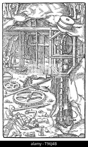 Holzschnitt aus De Re Metallica. Maschine zum Zeichnen von Wasser. Georgius Agricola (März 24, 1494 - November 21, 1555) war ein deutscher Gelehrter und Wissenschaftler,'' bekannt, der Vater der Mineralogie''. 1556 veröffentlichte er sein Buch De Re Metallica, eine Abhandlung über Bergbau und Metallgewinnung, mit Holzschnitten illustriert Prozesse Erze aus dem Boden und Metall aus dem Erz zu extrahieren, und die vielen Verwendungen von Wassermühlen im Bergbau. Stockfoto