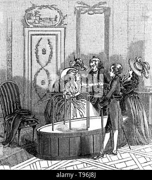 Le Baquet de Mesmer. In der Mitte des Raumes ist ein Gefäß, eine Elle hoch, was hier genannt wird ein baquet platziert. Es ist so groß, dass 27 Leute können sich leicht Sitzen; in der Nähe der Kante des Deckels behandelt, es gibt Löcher entsprechend der Anzahl der Personen, die ihn umgeben, sind löchrig; in diese Bohrungen eingeführt werden, Eisenstangen, verbogene im rechten Winkel nach außen und in verschiedenen Höhen, um Antwort auf den Teil des Körpers, auf das sie angewendet werden sollen. Stockfoto