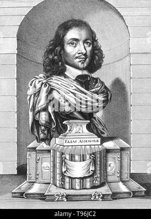 Elias Ashmole (Mai 23, 1617 - Mai 18, 1692) war ein englischer Antiquar, Politiker, Offizier der Waffen, Astrologe und Student der Alchemie. Seine Bibliothek wider seine intellektuelle Outlook, darunter Werke auf Deutsch Geschichte, Recht, Numismatik, chorography, Alchemie, Astrologie, Astronomie und Botanik. Obwohl er war eines der Gründungsmitglieder Fellows der Royal Society, eine wichtige Institution in der Entwicklung der experimentellen Wissenschaft, seine Interessen wurden antiquarisch und mystischen sowie wissenschaftliche. Stockfoto