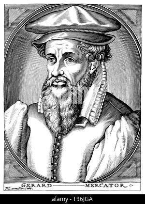 Gerardus Mercator (5. März 1512 - Dezember 2, 1594) war ein flämischer Kartograph. Seine Karte, fing an, als er eine Karte von Palästina im Jahr 1537 produziert. 1538 produzierte er eine Karte der Welt. 1564 wurde er zum Gericht Kosmograph, Wilhelm, Herzog von Jülich-Kleve-Berg. Im Jahr 1569 er einen neuen Plan gebaut, der Mercator-projektion, eine zylindrische Projektion. Stockfoto