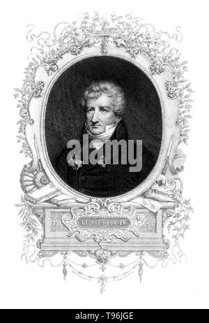 Georges Cuvier (August 23, 1769 - Mai 13, 1832) war ein französischer Naturforscher und Zoologe, manchmal auch als "Vater der Paläontologie". Er entstand ein System der zoologischen Klassifikation, die Tiere nach den Strukturen ihrer Skelette und Organe gruppiert. Cuvier erweitert sein System zu Fossilien; seine Rekonstruktion der ausgestorbenen Tiere sah, auf der Grundlage ihrer Skelettreste, stark erweiterte die Wissenschaft der Paläontologie. Stockfoto