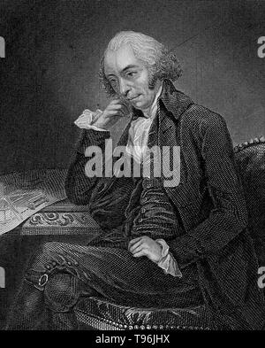 James Watt (Januar 30, 1736 - 25. August 1819) war ein schottischer Erfinder und Ingenieur Mechanisches, deren Verbesserungen der Newcomen Dampfmaschine Grundlegendes zu den Änderungen, die durch die industrielle Revolution gebracht wurden. Watt wurde eine Weiterentwicklung, die separaten Kondensator, der diese Verschwendung von Energie vermieden und grundlegend verbessert die Leistung, Effizienz und Wirtschaftlichkeit von Dampfmaschinen. Stockfoto