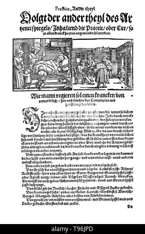 Seite und Holzschnitt Illustration aus Der gantzen Artzenei, 1542. Johann Dryander (Eichmann) (Juni 27, 1500 - Dezember 20, 1560) war ein deutscher Anatom, Astronom und Arzt. Im Jahr 1535 wurde er zum Professor für Medizin an der Universität Marburg. Dryander war einer der ersten Lehrbuch Autoren mit Holzschnitten und die erste, eine galenische Dissektion des menschlichen Gehirns zu veranschaulichen, zu illustrieren. Eine erweiterte Ausgabe dieses früh buchen, die Anatomiae pars vor, wurde 1537 veröffentlicht. Stockfoto