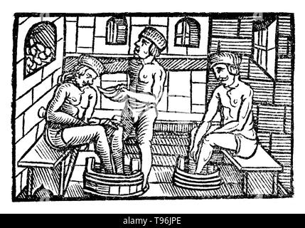 Holzschnitt Illustration aus Der gantzen Artzenei, 1542. Johann Dryander (Eichmann) (Juni 27, 1500 - Dezember 20, 1560) war ein deutscher Anatom, Astronom und Arzt. Im Jahr 1535 wurde er zum Professor für Medizin an der Universität Marburg. Dryander war einer der ersten Lehrbuch Autoren mit Holzschnitten und die erste, eine galenische Dissektion des menschlichen Gehirns zu veranschaulichen, zu illustrieren. Eine erweiterte Ausgabe dieses früh buchen, die Anatomiae pars vor, wurde 1537 veröffentlicht. Stockfoto