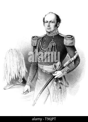 Hinten - Admiral Sir John Franklin (April 16, 1786 - Juni 11, 1847) war ein englischer Royal Navy Offizier und Entdecker in der Arktis. 1819, Franklin wurde gewählt, um eine Expedition auf dem Landweg von der Hudson Bay an der Nordküste von Kanada nach Osten aus dem Mund des Coppermine River zu führen. Verlor er 11 der 20 Männer in seiner Partei. Die meisten starben an Hunger, aber es gab auch mindestens ein Mord und Anregungen von Kannibalismus. Stockfoto