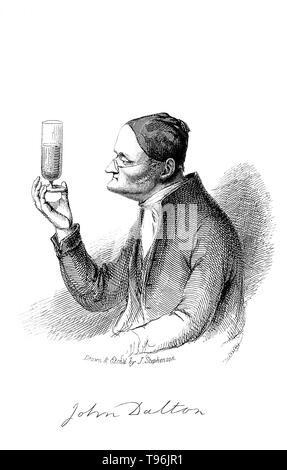 John Dalton (September 6, 1766 - Juli 27, 1844) war ein englischer Chemiker, Meteorologen und Physiker. Obwohl er sich am besten für seine Pionierarbeit in der Entwicklung der modernen Atomtheorie bekannt ist, begann er ein meteorologisches Tagebuch 1787, in der er mehr als 200.000 Bemerkungen eingetragen. Stockfoto