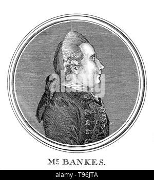 Sir Joseph Banks, 1st Baronet (Februar 24, 1743 - Juni 19, 1820) englischer Naturforscher und Botaniker. Banken machten seinen Namen auf die 1766 Natural history Expedition nach Neufundland und Labrador. Er nahm an der ersten großen Reise Cooks (1768-71), Besuch in Brasilien, Tahiti, Neuseeland und Australien. Er hielt die Position des Präsidenten der Royal Society seit über 41 Jahren. Stockfoto