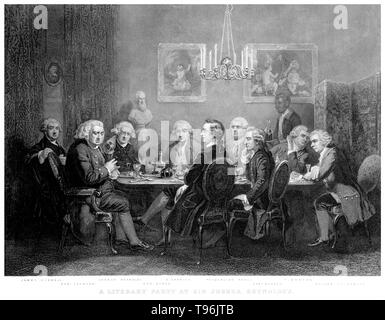 Group Portrait von neun Männern um einen Tisch mit Obst und Dekanter, eine schwarze Seite serviert fest sitzt. James Boswell ist auf der linken Seite, mit Johnson zu seiner rechten Gespräch mit Edmund Burke; Reynolds ist gegenüber von Johnson sitzt und hört mit Trompete an seinem Ohr. Garrick links von Reynolds Gesichter der Betrachter, während Pasquale Paoli zu seiner Linken bemerkt Johnson unterhalten am Ende der Tabelle. Stockfoto