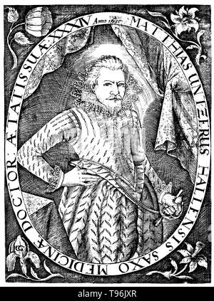 Matthias Untzer (1581-1624) war ein deutscher Arzt. Er studierte in Leipzig, Tübingen und Padua und qualifizierte sich als Arzt in Basel. Er war ein iatrochemist, eine Disziplin, die versucht, chemische und alchemistischen Prinzipien zu Medizin und die Behandlung von Krankheiten zu übernehmen. Zu seinen Werken zählen 'De Organische Crackprodukte Tractatus Medico-Chymicus' (1620) und "Anatomia Mecurii Spagirica' (1620). Kunstwerke aus Unzter's 'Katoptron Ioimodes", ein Buch über die pestepidemie. Zeile Gravur von C.G. Grahl, 1615. Stockfoto