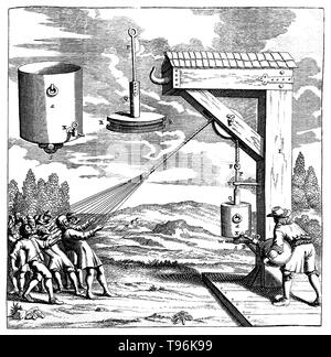 Regensburg Kolben Vakuum Experiment durchgeführt, im Jahr 1654. Diese Demonstration von atmosphärischen Druck hatte über 20 Männer ziehen an Seile nicht ein Kolben schließen, um zu vermeiden, dass sich Luft wird aus einem Zylinder gepumpt, bilden ein Vakuum. Otto-von-Guericke-Universität (November 30, 1602 - Mai 21, 1686) war ein deutscher Wissenschaftler, Erfinder und Politiker. Stockfoto