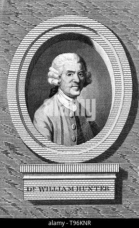 William Hunter (Mai 23, 1718 - März 30, 1783) war ein schottischer Anatom und Arzt. Jäger als resident Schüler zu William Smellie und er war in der Anatomie im St George's Hospital, London ausgebildet, in der Geburtshilfe spezialisiert hat. Seine höfischen Umgangsformen und ein vernünftiges Urteil half ihm, bis er der führende obstetric Berater von London. Zu orthopädischen Chirurgen er berühmt für seine Studien über Knochen und Knorpel ist. Stockfoto