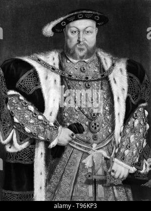 Porträt von König Heinrich VIII. in der Royal Collection, Windsor. Henry VIII (28. Juni 1491 bis zum 28. Januar 1547), war König von England von 1509 bis zu seinem Tod. Henry ist am besten für seine sechs Ehen bekannt, insbesondere seine Bemühungen, seine erste Ehe, Katharina von Aragon, für nichtig erklärt. Seine Meinungsverschiedenheiten mit dem Papst auf die Frage einer solchen Aufhebung führte Henry der englischen Reformation zu initiieren, die Trennung der Kirche von England aus der päpstlichen Autorität. Stockfoto