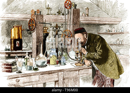 Louis Pasteur in seinem Labor. Pasteur (1822-1895) war ein französischer Chemiker und bakteriologe, der die Wissenschaft der Mikrobiologie gegründet. Pasteur entdeckte, dass Krankheit verursacht wurde, könnte durch Bakterien übertragen von Person zu Person (die Mikrobe Theorie der Krankheit). Er entwickelte auch Impfstoffe gegen Tollwut und Milzbrand. Pasteur fand auch, daß leicht Heizung Nahrungsmittel und Getränke aus Säuern bewahren konnte. Die Pasteurisierung wird jetzt weit in der Lebensmittelindustrie eingesetzt. Stockfoto