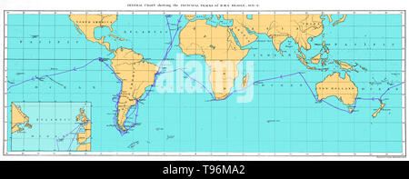 Karte Dokumentation die Reise der H.M.S. Beagle, 1831-36. Die Beagle durchgeführt Charles Darwin während der Reise, die seine Theorie der Entwicklung inspiriert. Charles Darwin (1809-1882) war ein englischer Naturforscher und Geologe. Stockfoto