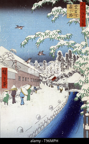 Atagoshita yabukoji. Atagoshita und Yabu Lane. Fußgänger Wandern im Schnee in einer Straße neben einem Kanal unten Mount Atago. Yabu Lane, Residenzen des daimyos Kato von minakuchi und Hijikata aus Komono, Tor von Atago Schrein. Ukiyo-e (Bilder der fließenden Welt) ist ein Genre der japanischen Kunst, die vom 17. bis 19. Jahrhundert blühte. Ukiyo-e war zentral für die Wahrnehmung des Westens für Japanische Kunst im späten 19. Jahrhundert. Stockfoto