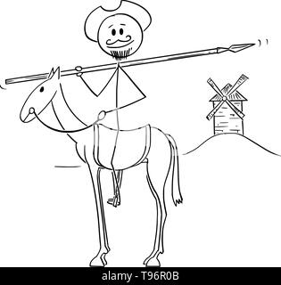 Vektor cartoon stick Abbildung Abbildung: Ritter auf Pferd mit Windmühle auf Hintergrund - Don Quijote Charakter aus dem Buch Die geniale Gentleman Sir Don Quixote von La Mancha, Miguel de Cervantes Stock Vektor