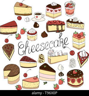 Eine Reihe von cheesecake besteht aus Elementen von Kuchen und Gebäck, isolierte doodle Set Design Dekoration und von Hand im Stil der naive Zeichnung gezeichnet. Stockfoto