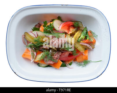 Vorspeise aus gebratenem Rindfleisch und Gemüse in Emaille Teller isoliert auf weißem balckground Stockfoto