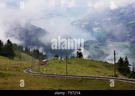 Schmalspurige Zahnradbahn, die Schynige Platte Bahn: Zug nach oben gedrückt wird eine steile Steigung, mit Blick auf den Thunersee, Schweiz Stockfoto