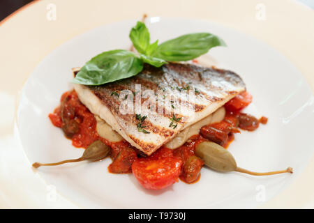 Barschfilet mit Tomatensauce und Kapern in Porzellan Platte Stockfoto