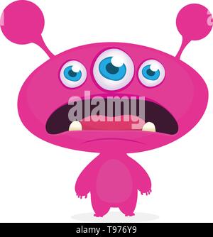 Cool cartoon Alien mit drei Augen. Vektor rosa Monster Abbildung. Halloween Design Stock Vektor