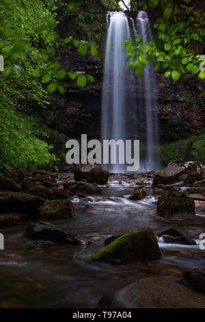 Die 90-Fuß-Sgwd Henrhyd Henrhyd fällt (der höchste in Wales) treten auf einer geologischen Störung auf dem Fluss Nant Llech. Stockfoto