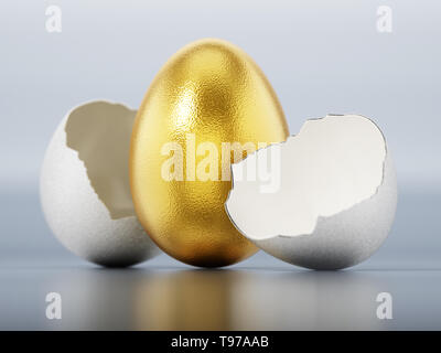 Goldene Ei innen regelmäßige weiße Eierschale. 3D-Darstellung. Stockfoto