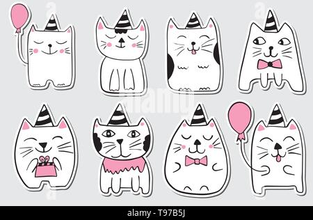Süße Katzen. Hand gezeichnet stilisierte Satz Aufkleber. Umrisse doodle Tiere. Zeichentrickfiguren. Vector Illustration. Stock Vektor