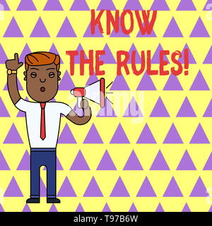 Schreiben Hinweis, kennen die Regeln. Business Konzept für ein explizites oder Verordnung Grundsätze für die Durchführung Stockfoto