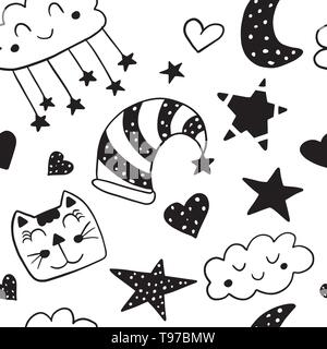 Gute Nacht nahtlose Muster. Süße Träume kindliche Wiederholung Hintergrund. Vector Illustration Hand gezeichnet Art. Stock Vektor