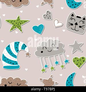 Sweet Dreams Baby nahtlose Muster. Gute Nacht Kindergarten kindliche Wiederholung Hintergrund. Bunte vektor Illustration Hand gezeichnet Art. Stock Vektor