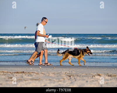 Einen mittleren Alters kaukasischen Paar Spaziergänge ein Schäferhund Hund am Strand während der Goldenen Stunde in Port Aransas, Texas USA. Stockfoto