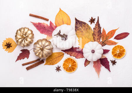 Herbst Blumen Zusammensetzung der goldene Kürbisse, Gewürze und Blätter. Stockfoto