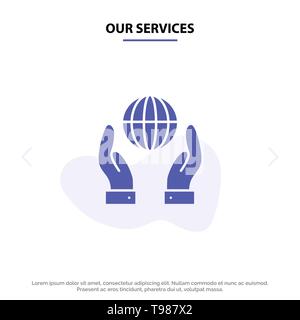 Unsere Dienstleistungen, die Erhaltung der Biosphäre, Energie, Power solide Glyph Icon Web Karte Vorlage Stock Vektor